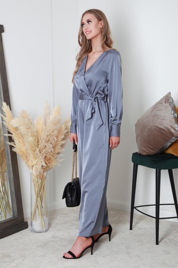 Goddiva Silver/blue Lux Satin Wrap Jumpsuit By Double Second