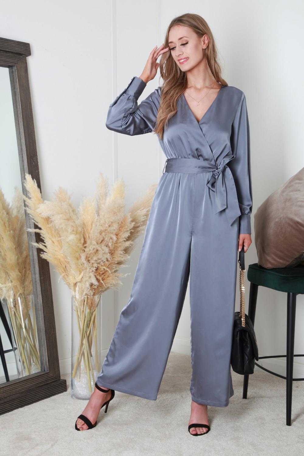 goddiva Silver/blue Lux Satin Wrap Jumpsuit by Double Second