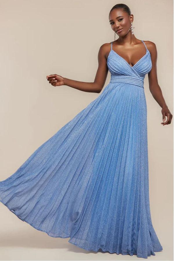 Goddiva Sleeveless Pleated A Line Lurex Maxi Dress - Blue By Goddiva