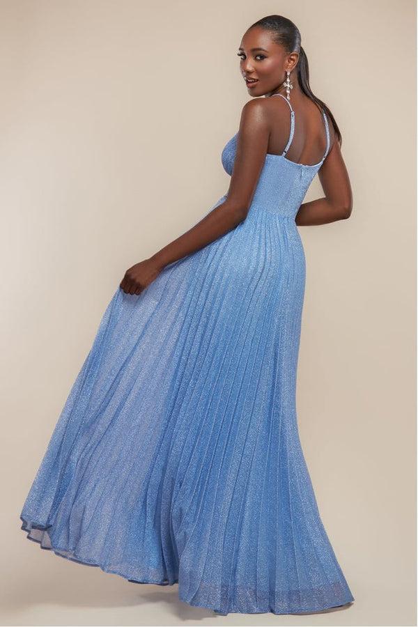 Goddiva Sleeveless Pleated A Line Lurex Maxi Dress - Blue By Goddiva