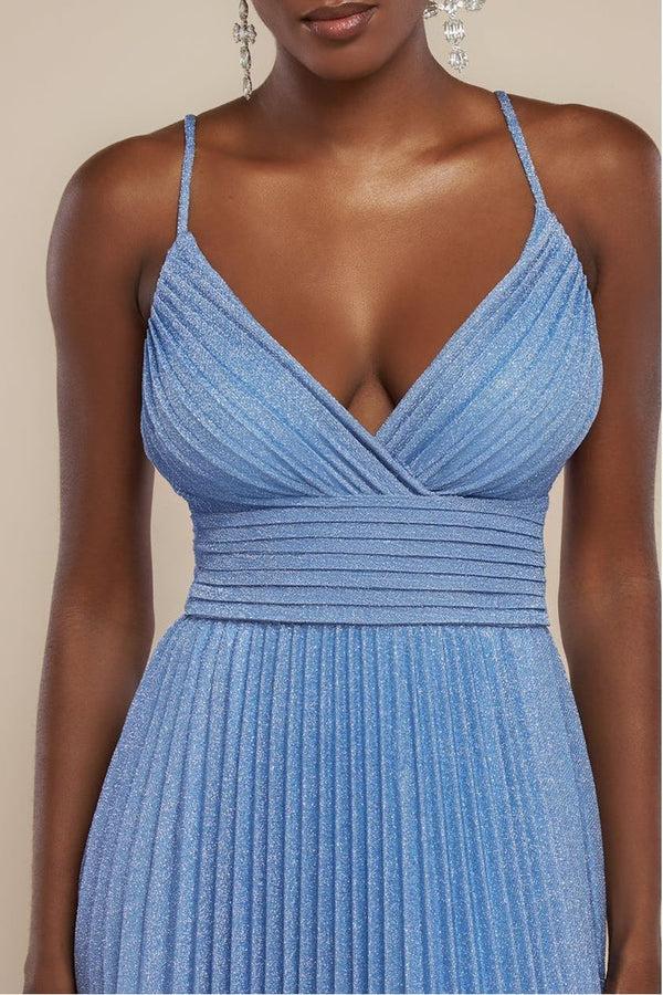 Goddiva Sleeveless Pleated A Line Lurex Maxi Dress - Blue By Goddiva