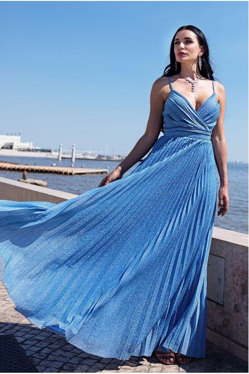 goddiva Sleeveless Pleated A Line Lurex Maxi Dress - Blue by Goddiva
