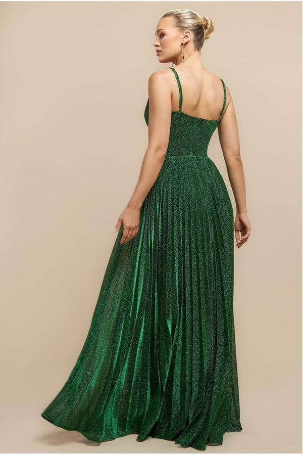 Goddiva Sleeveless Pleated A Line Lurex Maxi Dress - Emerald Green By Goddiva