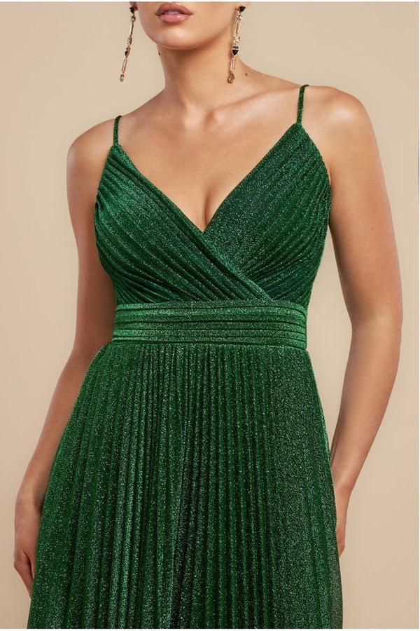 Goddiva Sleeveless Pleated A Line Lurex Maxi Dress - Emerald Green By Goddiva