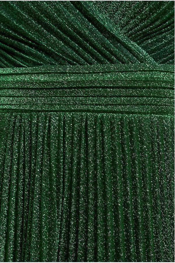 Goddiva Sleeveless Pleated A Line Lurex Maxi Dress - Emerald Green By Goddiva
