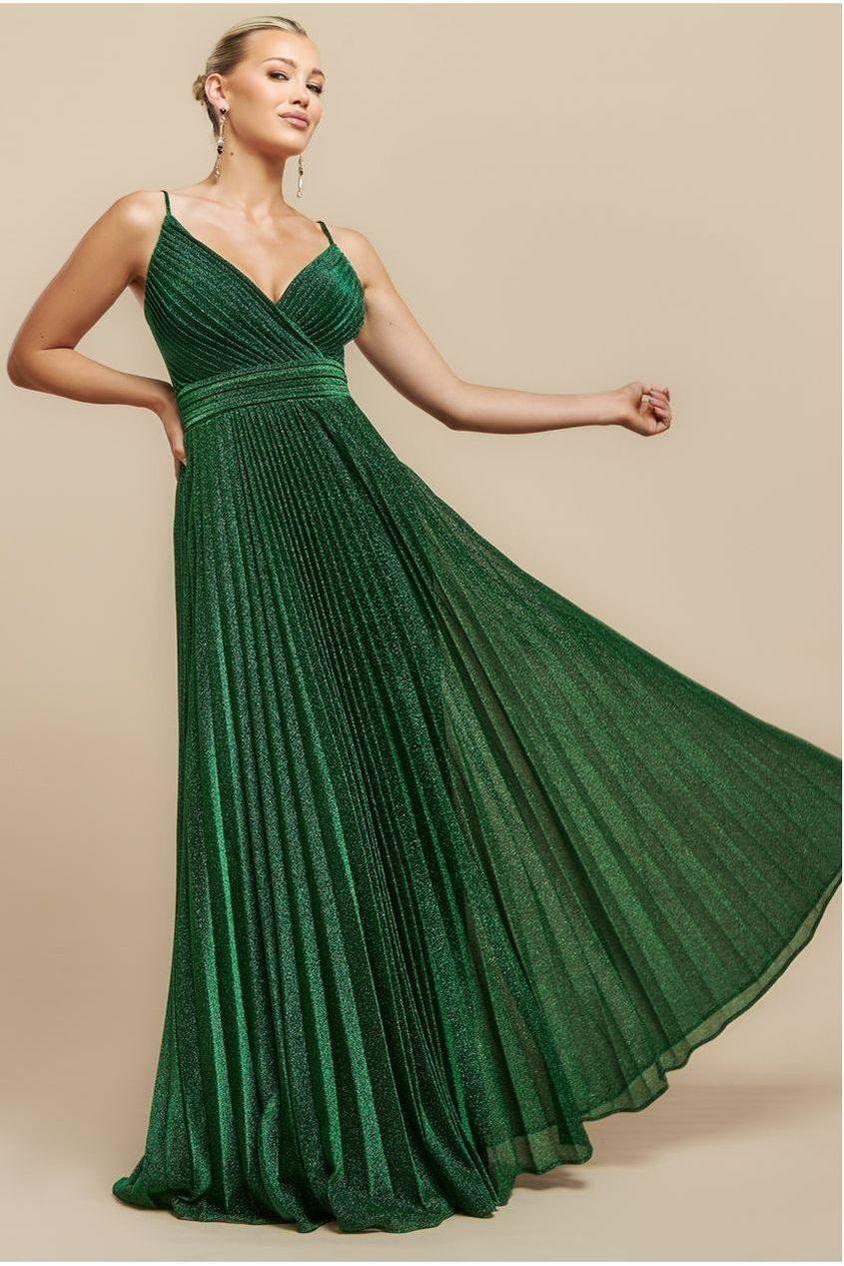 goddiva Sleeveless Pleated A Line Lurex Maxi Dress - Emerald Green by Goddiva