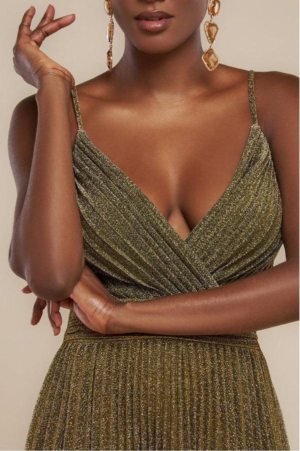 Goddiva Sleeveless Pleated A Line Lurex Maxi Dress - Gold By Goddiva