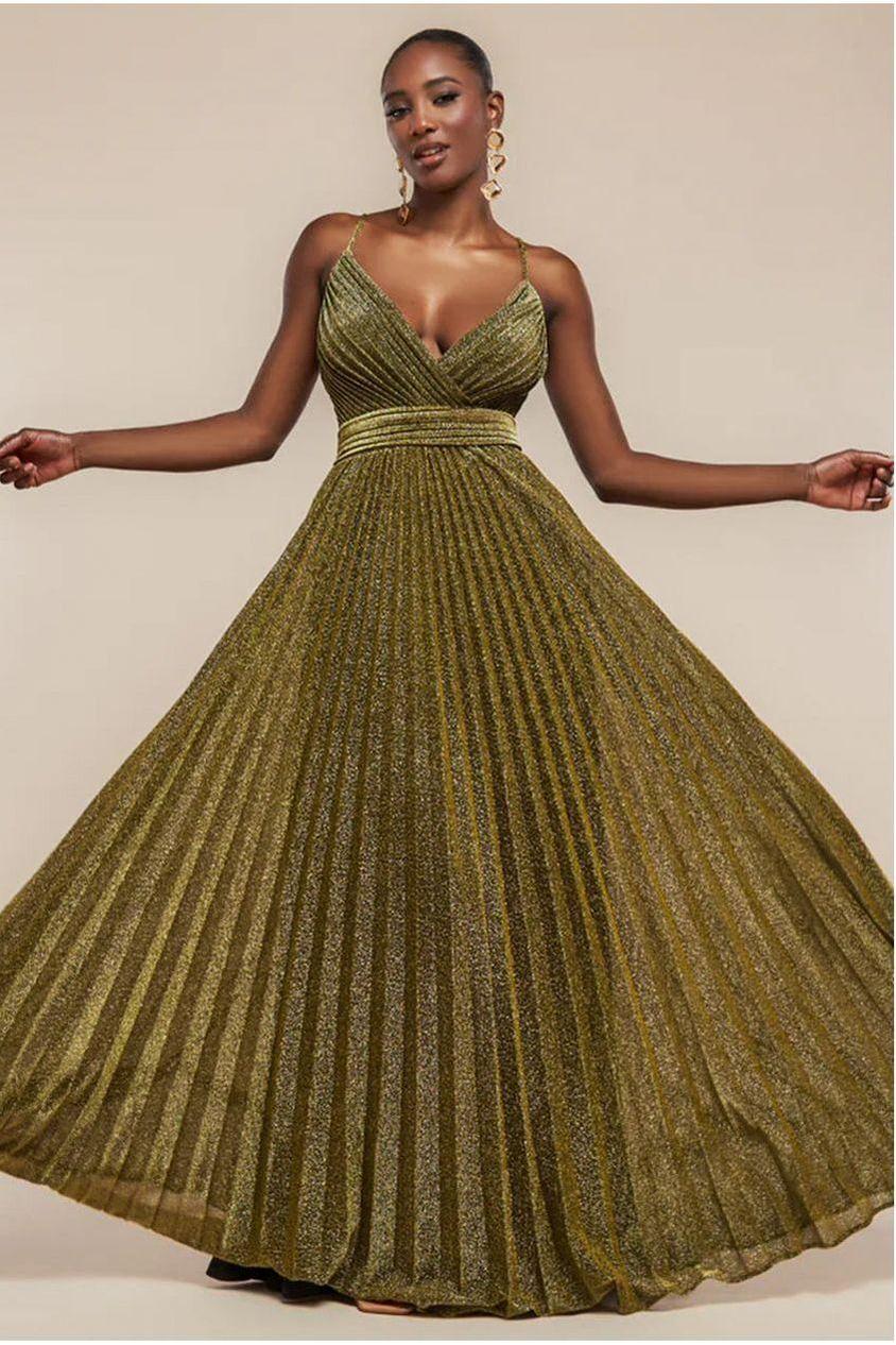 goddiva Sleeveless Pleated A Line Lurex Maxi Dress - Gold by Goddiva