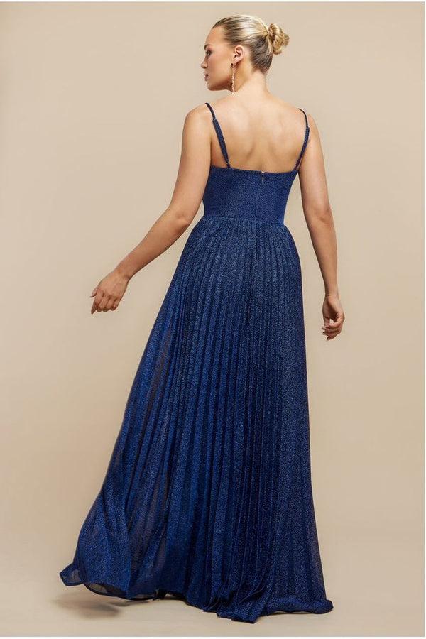 Goddiva Sleeveless Pleated A Line Lurex Maxi Dress - Navy Blue By Goddiva