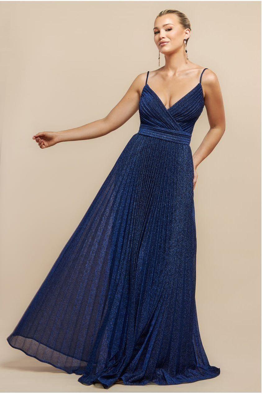 goddiva Sleeveless Pleated A Line Lurex Maxi Dress - Navy Blue by Goddiva