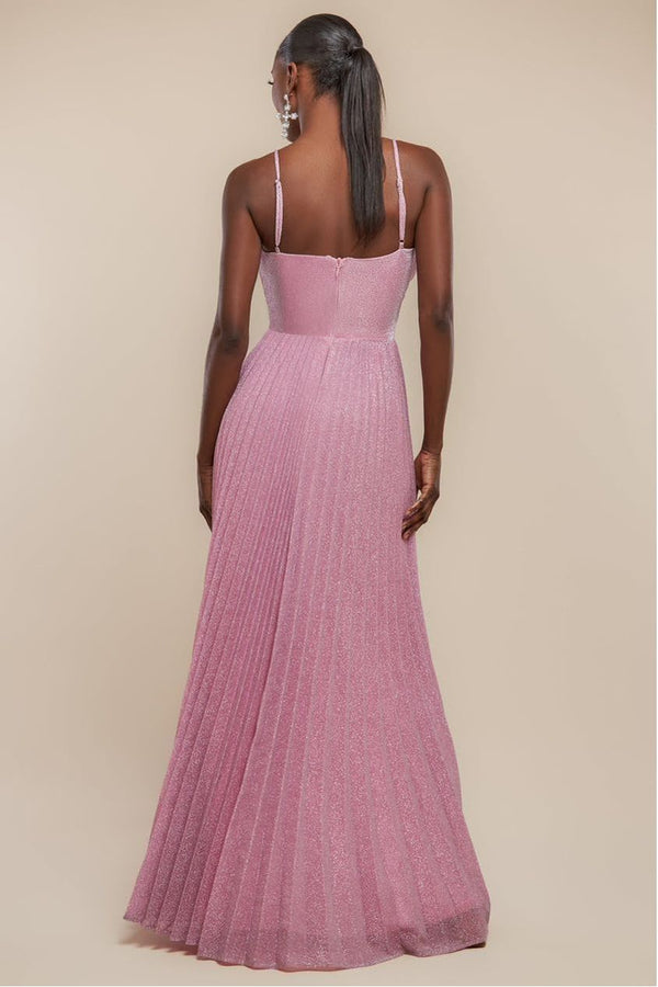Goddiva Sleeveless Pleated A Line Lurex Maxi Dress - Pink By Goddiva