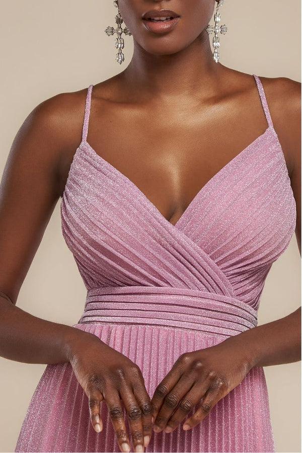 Goddiva Sleeveless Pleated A Line Lurex Maxi Dress - Pink By Goddiva