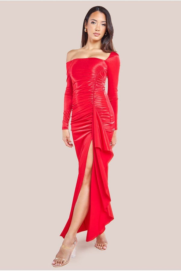 Goddiva Slinky Satin One Shoulder Split Maxi Dress - Red By Goddiva