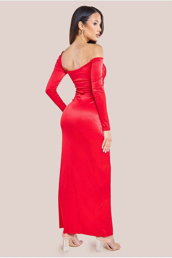 Goddiva Slinky Satin One Shoulder Split Maxi Dress - Red By Goddiva