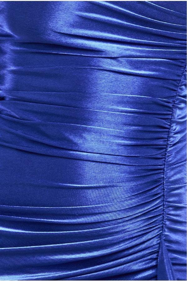 Goddiva Slinky Satin One Shoulder Split Maxi Dress - Royal Blue By Goddiva