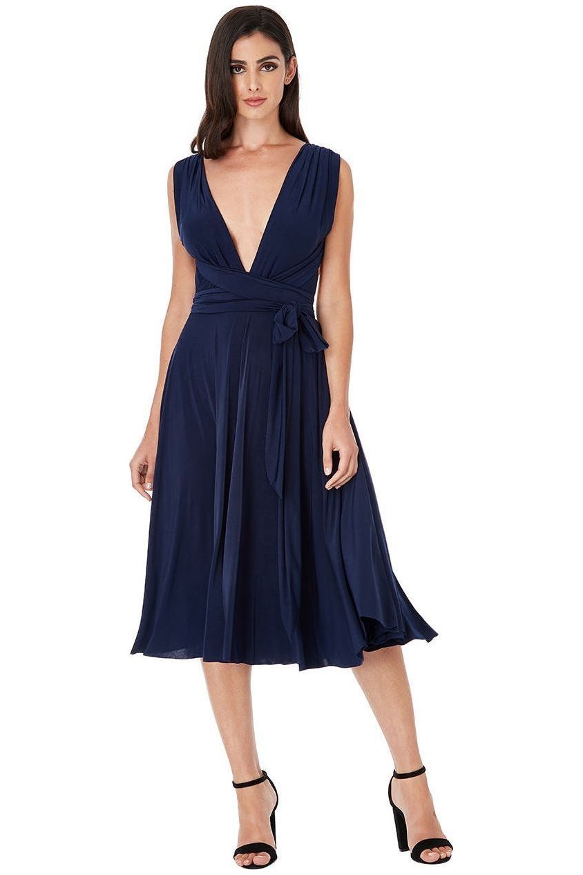 goddiva Soft Touch Multi Way Open Back Midi Dress - Navy Blue by Goddiva