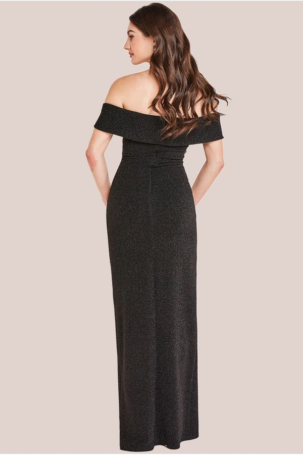 Goddiva Sparkle Bardot Maxi With Waterfall Ruffle - Black By Goddiva