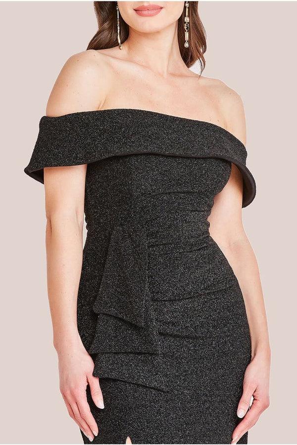 Goddiva Sparkle Bardot Maxi With Waterfall Ruffle - Black By Goddiva