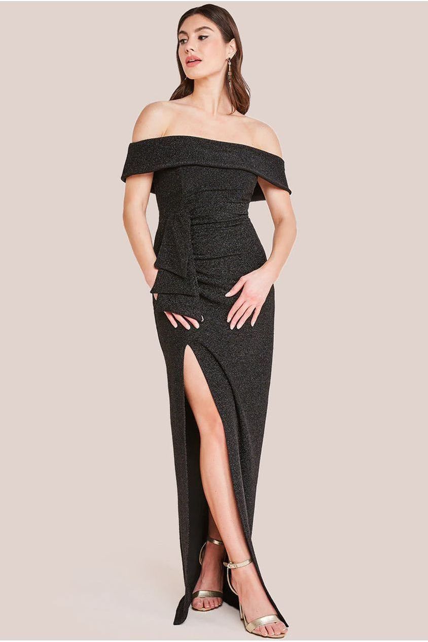 goddiva Sparkle Bardot Maxi With Waterfall Ruffle - Black by Goddiva