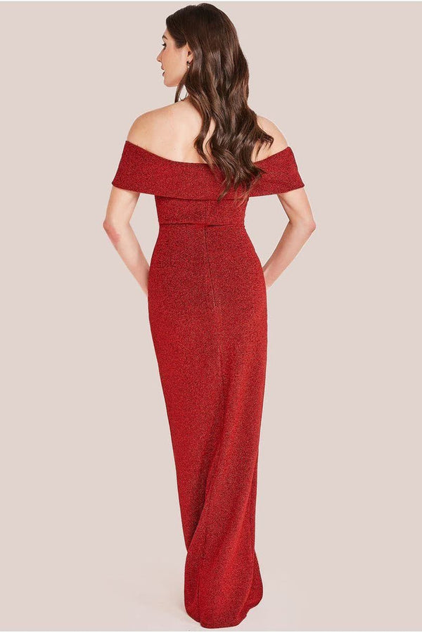 Goddiva Sparkle Bardot Maxi With Waterfall Ruffle - Red By Goddiva