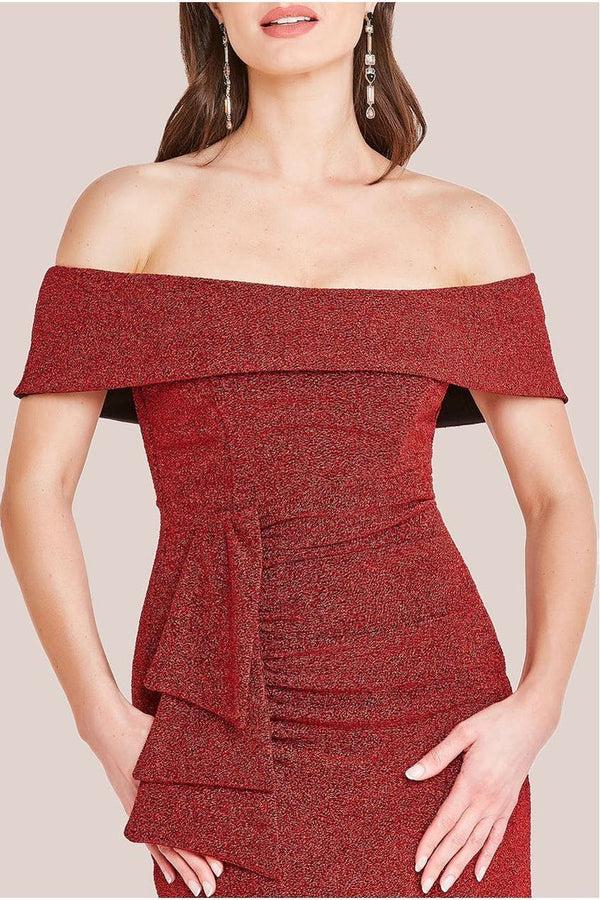 Goddiva Sparkle Bardot Maxi With Waterfall Ruffle - Red By Goddiva