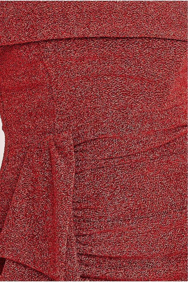 Goddiva Sparkle Bardot Maxi With Waterfall Ruffle - Red By Goddiva