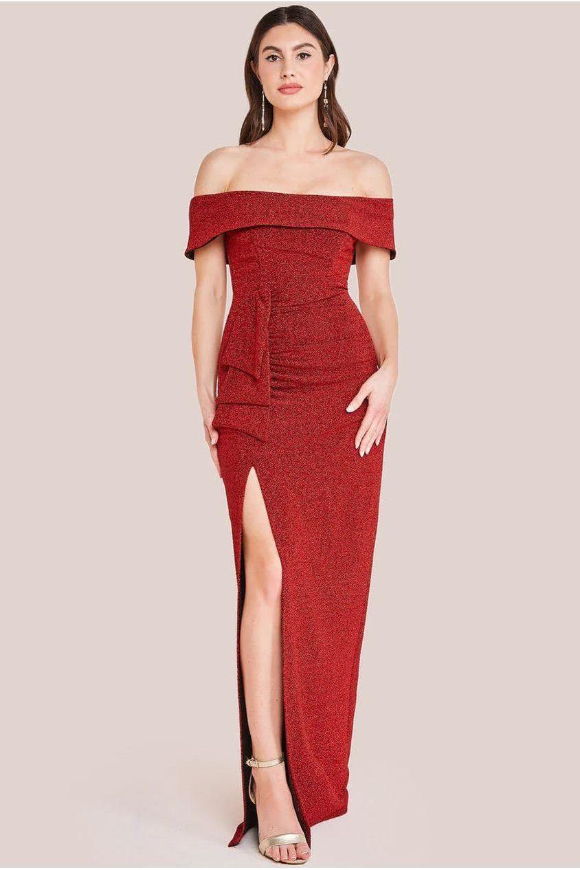 goddiva Sparkle Bardot Maxi With Waterfall Ruffle - Red by Goddiva