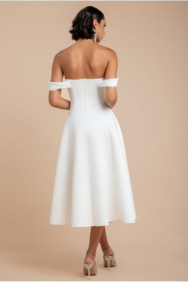 Goddiva Sparkle Chiffon Cowl Bardot Skater Midi Dress - Cream By Goddiva