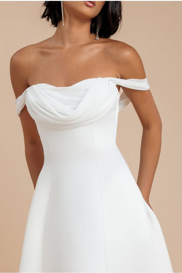 Goddiva Sparkle Chiffon Cowl Bardot Skater Midi Dress - Cream By Goddiva