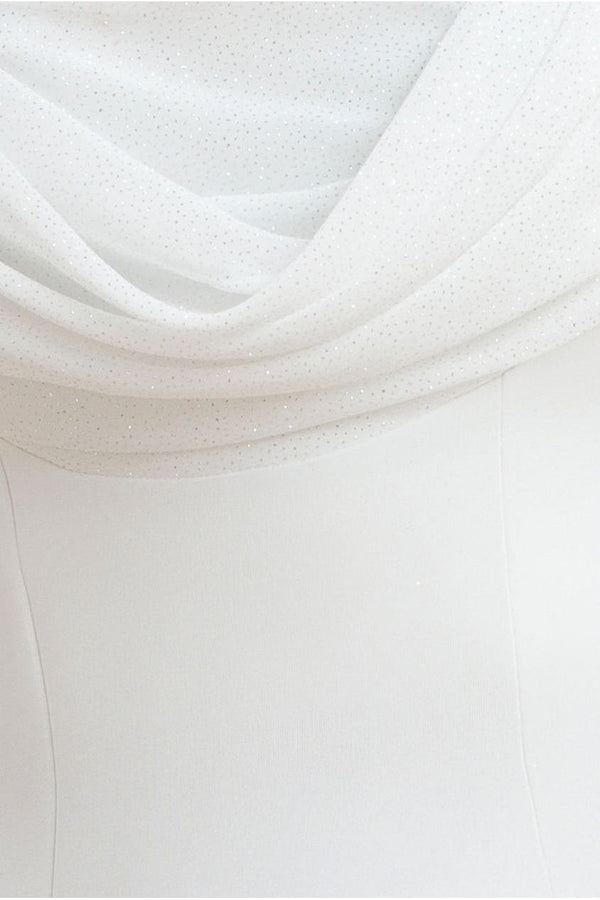 Goddiva Sparkle Chiffon Cowl Bardot Skater Midi Dress - Cream By Goddiva