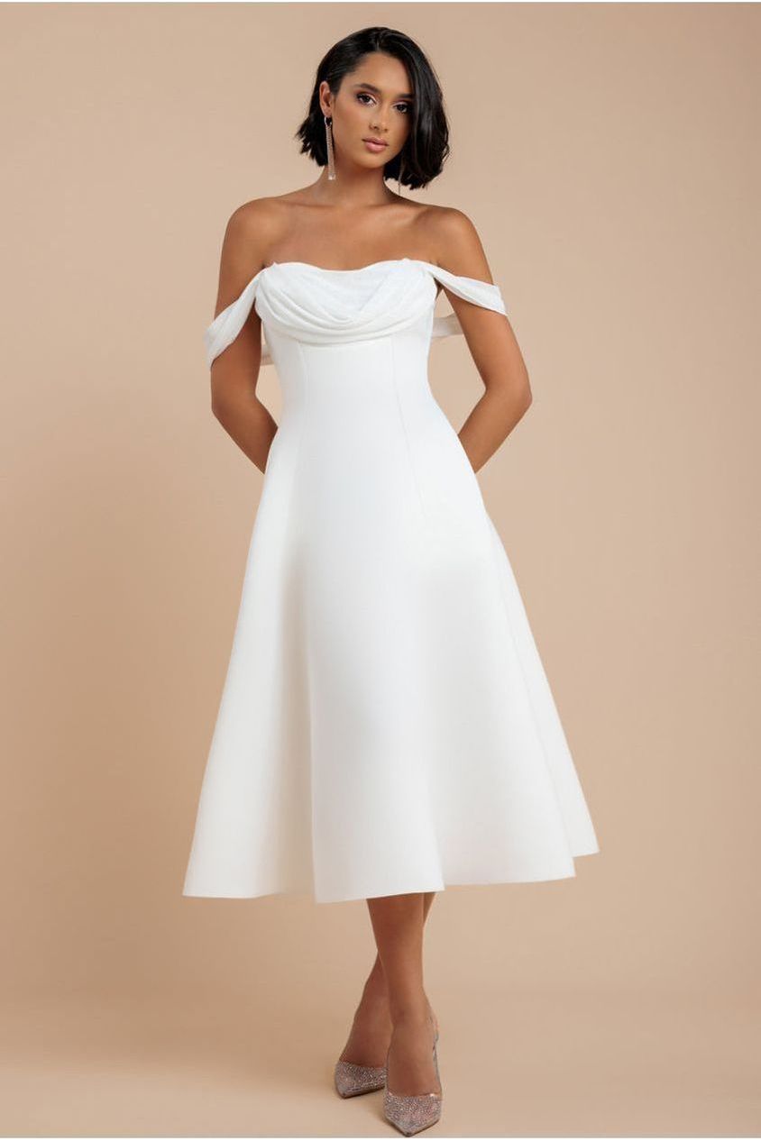 goddiva Sparkle Chiffon Cowl Bardot Skater Midi Dress - Cream by Goddiva