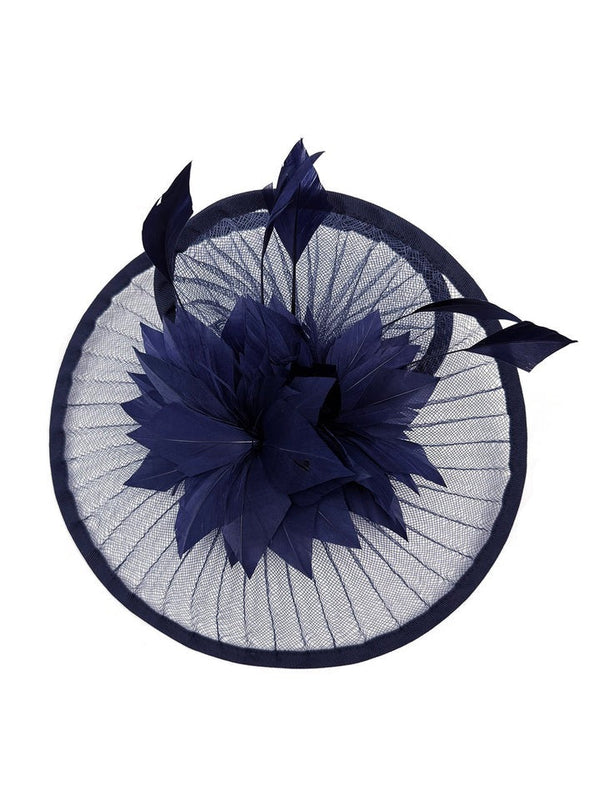 Goddiva Spiral Circular Brim Fascinator With Feathers Burst In Navy By SVNX