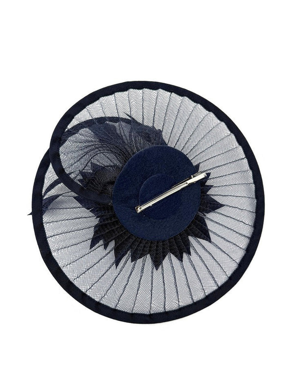 Goddiva Spiral Circular Brim Fascinator With Feathers Burst In Navy By SVNX