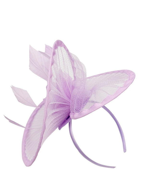Goddiva Spiral Circular Brim Fascinator With Feathers Burst In Lilac By SVNX