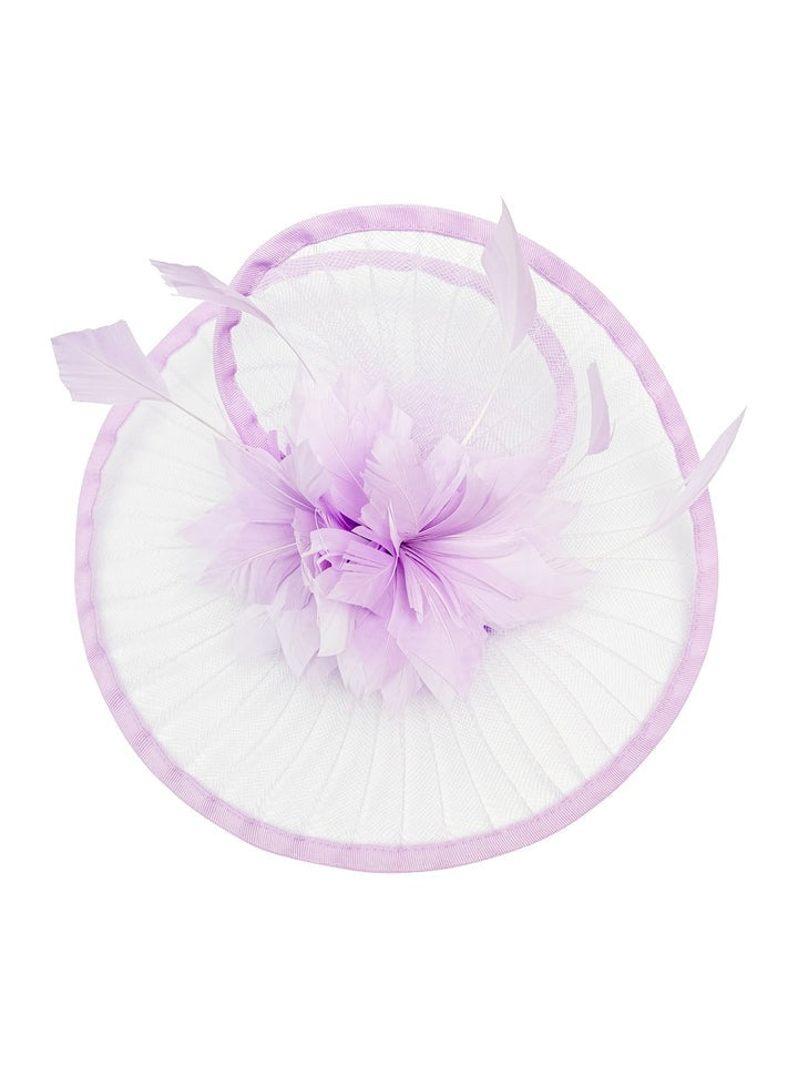 goddiva Spiral Circular Brim Fascinator With Feathers Burst In Lilac by SVNX