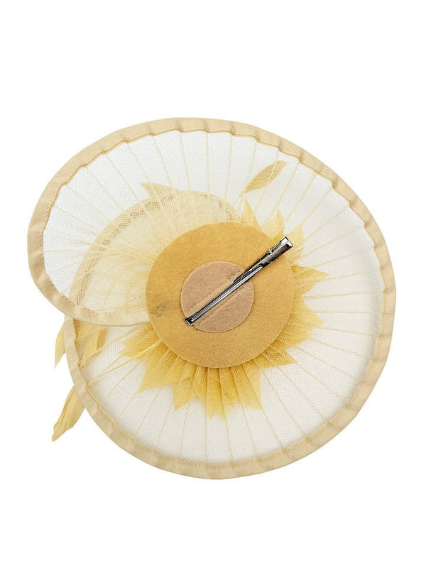 Goddiva Spiral Circular Brim Fascinator With Feathers Burst In Beige By SVNX
