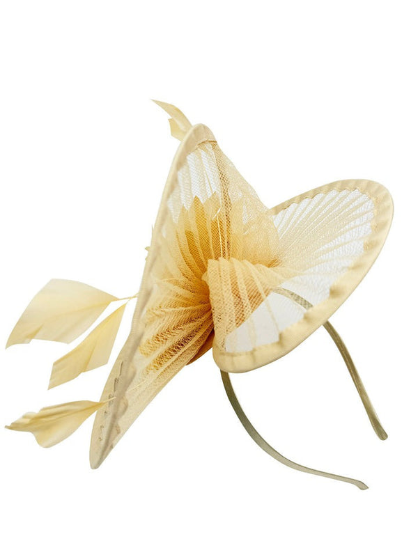 Goddiva Spiral Circular Brim Fascinator With Feathers Burst In Beige By SVNX