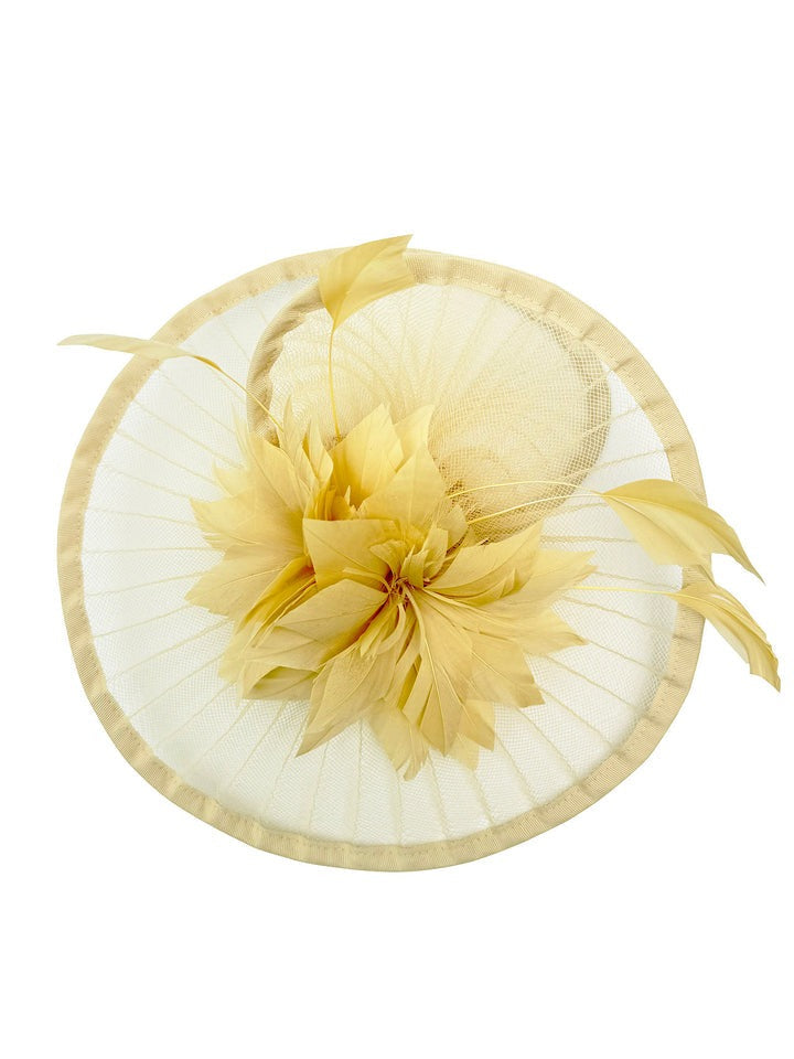 goddiva Spiral Circular Brim Fascinator With Feathers Burst In Beige by SVNX