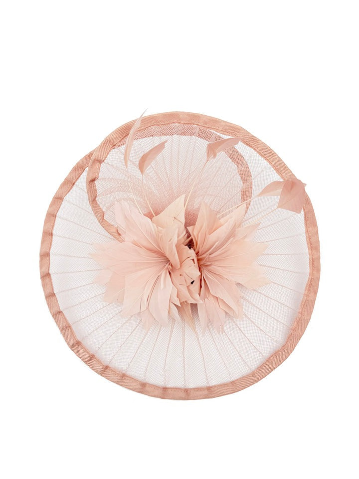 goddiva Spiral Circular Brim Fascinator With Feathers Burst In Pink by SVNX