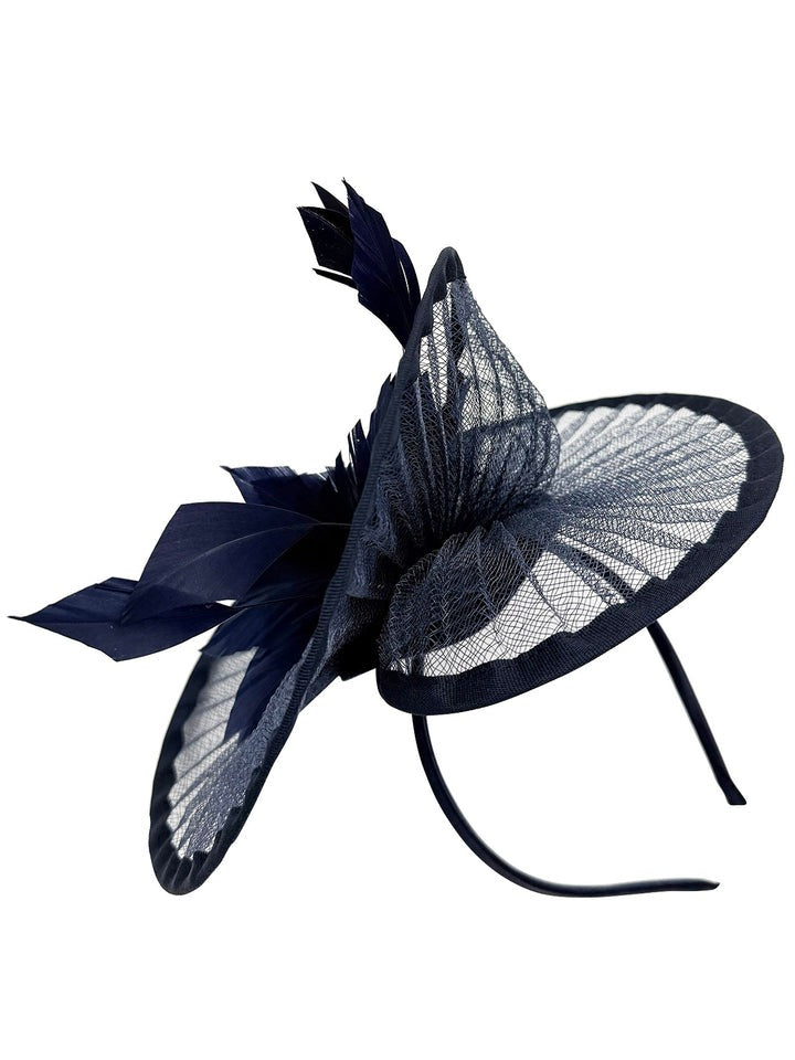 goddiva Spiral Circular Brim Fascinator With Feathers Burst In Navy by SVNX