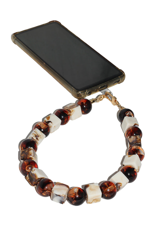 Goddiva Square & Ball Style Acrylic Phone Strap - White & Brown By Goddiva Accessories