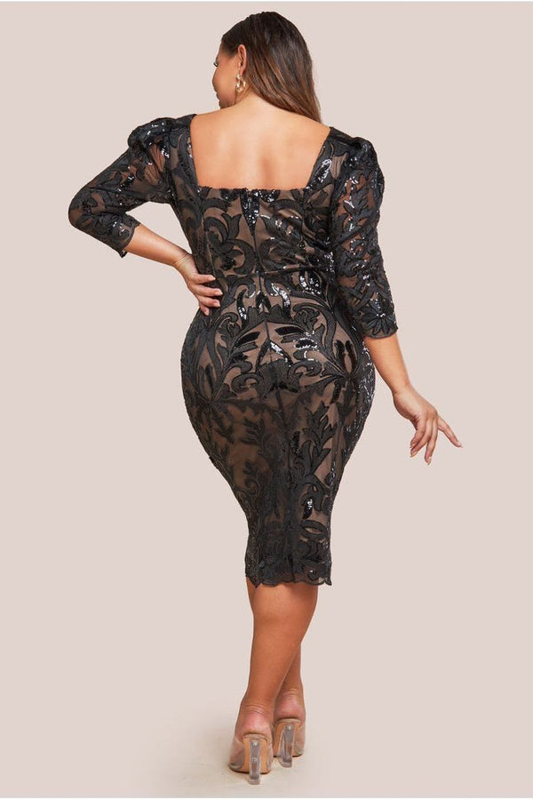 Goddiva Square Neck Scalloped Embroidered Sequin Midi Dress - Black By Goddiva Plus