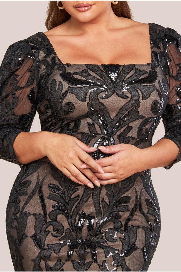 Goddiva Square Neck Scalloped Embroidered Sequin Midi Dress - Black By Goddiva Plus