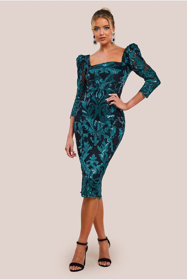 Goddiva Square Neck Scalloped Embroidered Sequin Midi Dress - Emerald Green By Goddiva