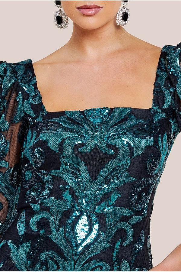 Goddiva Square Neck Scalloped Embroidered Sequin Midi Dress - Emerald Green By Goddiva