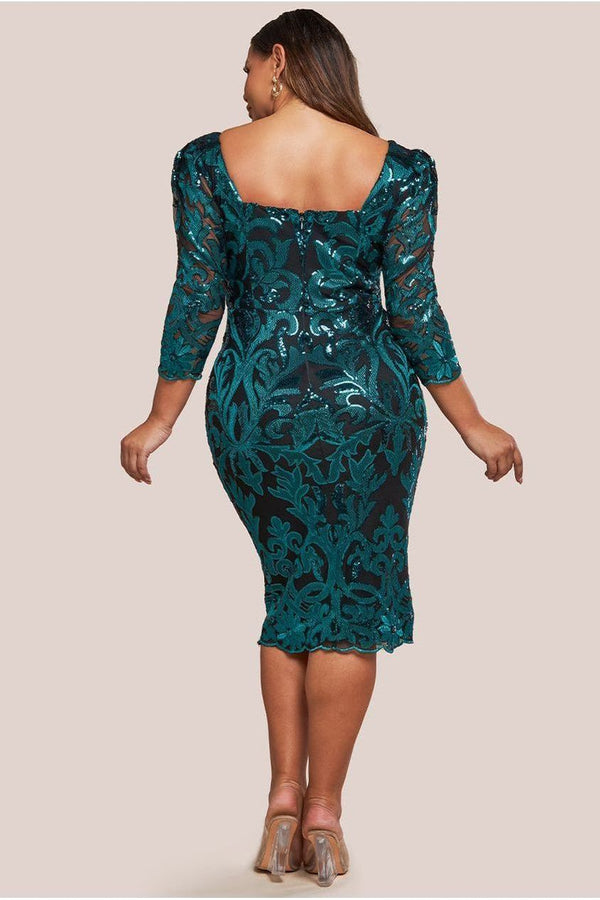 Goddiva Square Neck Scalloped Embroidered Sequin Midi Dress - Emerald Green By Goddiva Plus