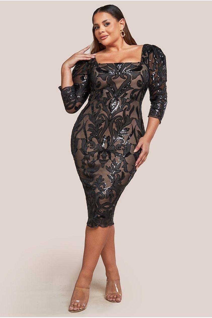 goddiva Square Neck Scalloped Embroidered Sequin Midi Dress - Black by Goddiva Plus