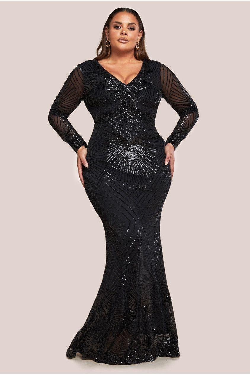 goddiva Starburst Sequin Maxi Dress - Black by Goddiva Plus