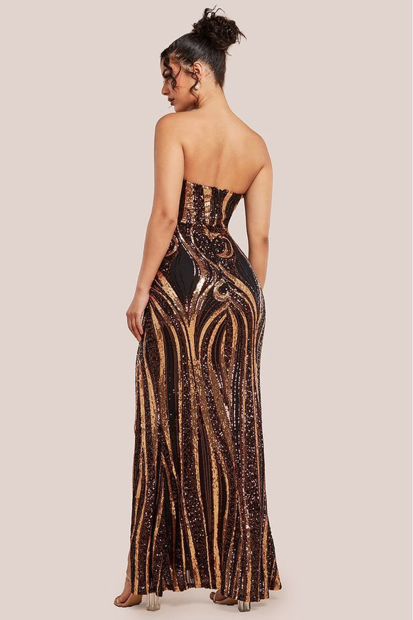 Goddiva Strapless Multi Sequin Maxi Dress - Bronze By Goddiva