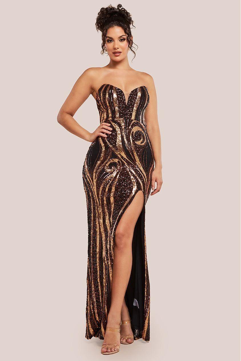 goddiva Strapless Multi Sequin Maxi Dress - Bronze by Goddiva